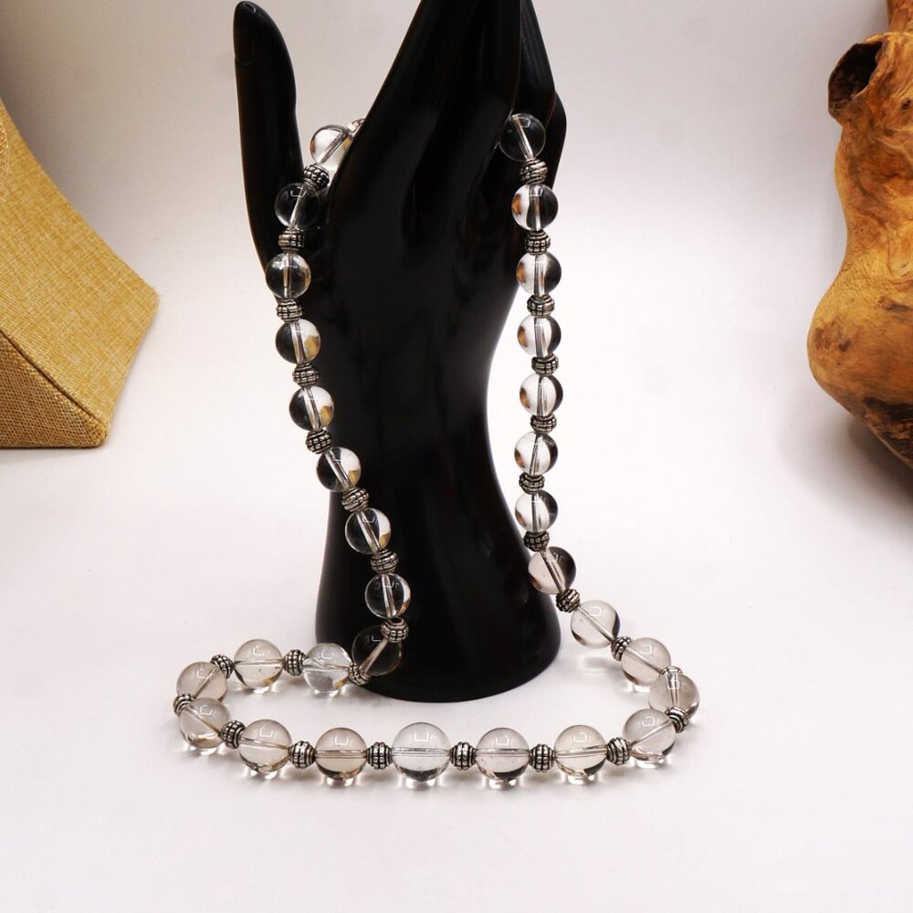 Vintage Smokey Cut Spinal Round Graduated & Sterling Silver Beads Necklace